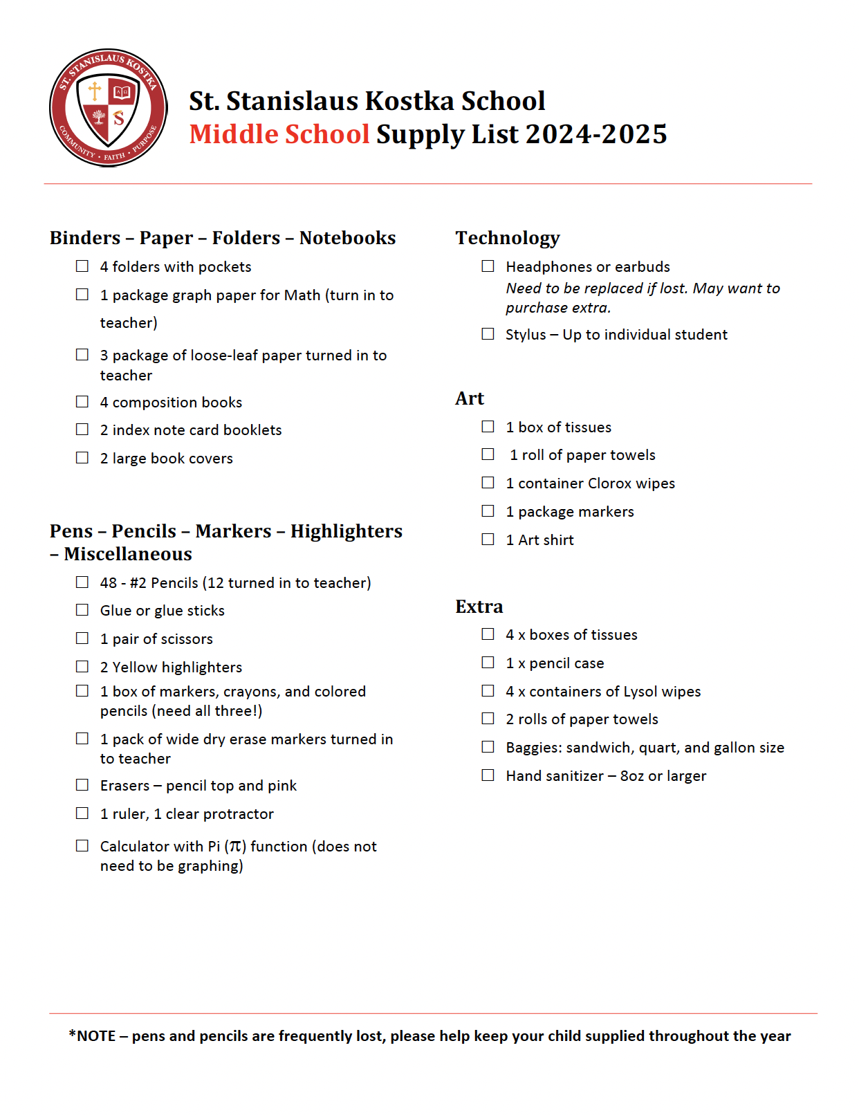 2024-2025 Middle School Supply List